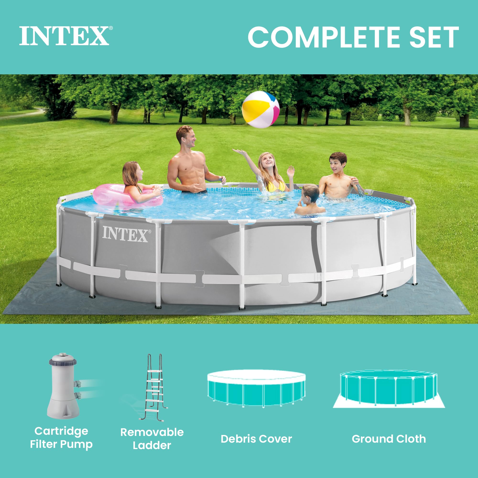 Family swimming in the Intex Prism Frame pool with labeled cartridge filter pump, ladder, debris cover and ground cloth