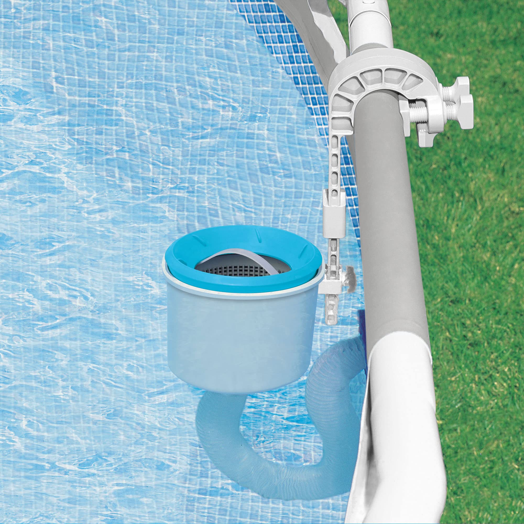 Intex wall-mounted skimmer installed on a frame above-ground pool showing the hose connection