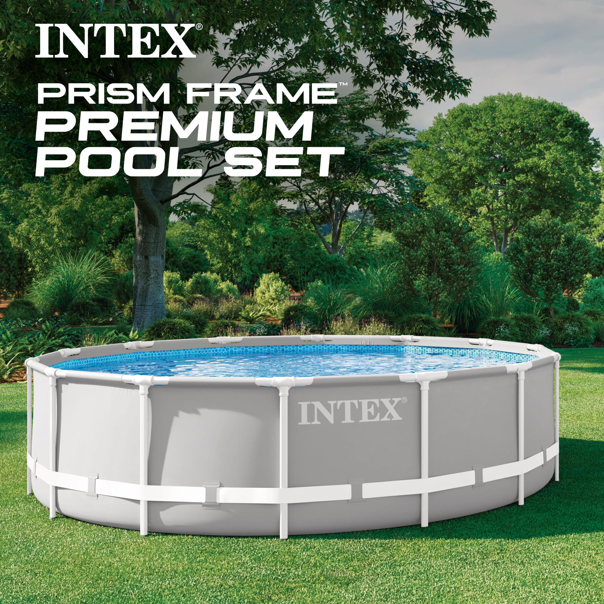 Intex Prism Frame Premium pool set displayed in a landscaped garden